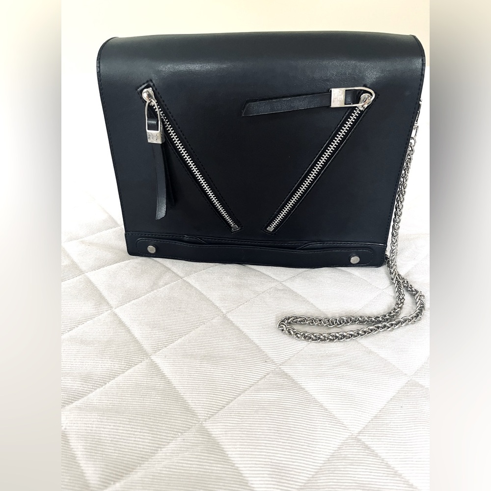 Goth Punk black vegan leather shoulder bag purse silver metal chain strap zipper
